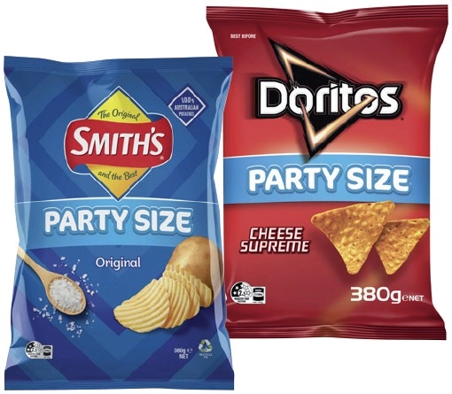 Doritos Corn Chips, Smith’s Crinkle Cut Chips Party Size 380g or Red Rock Deli Chips 290g Selected Varieties