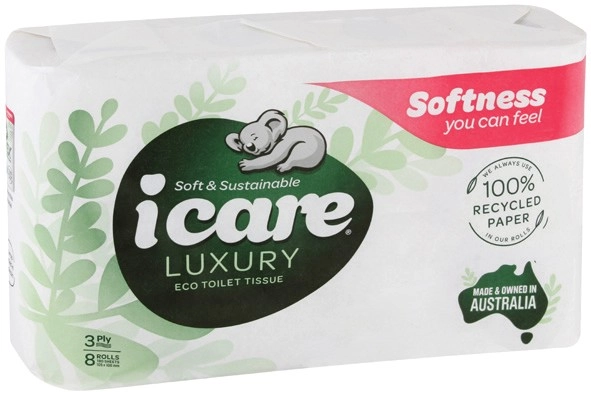 icare Luxury 100% Recycled Paper Toilet Tissue 3 Ply 8 Pack