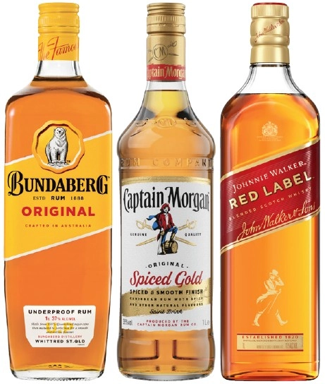 Bundaberg UP Rum, Captain Morgan Spiced Gold or Johnnie Walker Red Label Scotch 1 Litre