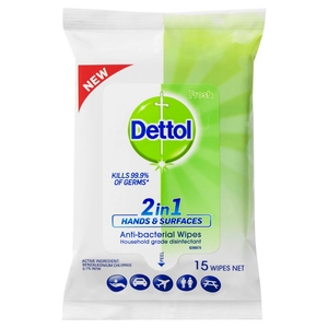 Dettol 2 in 1 Hands & Surfaces Anti-bacterial Wipes 15 Wipes