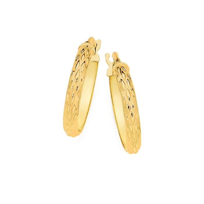 9ct Gold 15mm Half Round Diamond-Cut Hoop Earrings