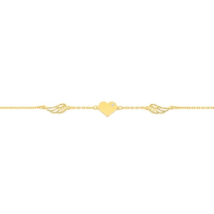 9ct Gold 19cm Cubic Zirconia Trace Bracelet with Hearts and Wings