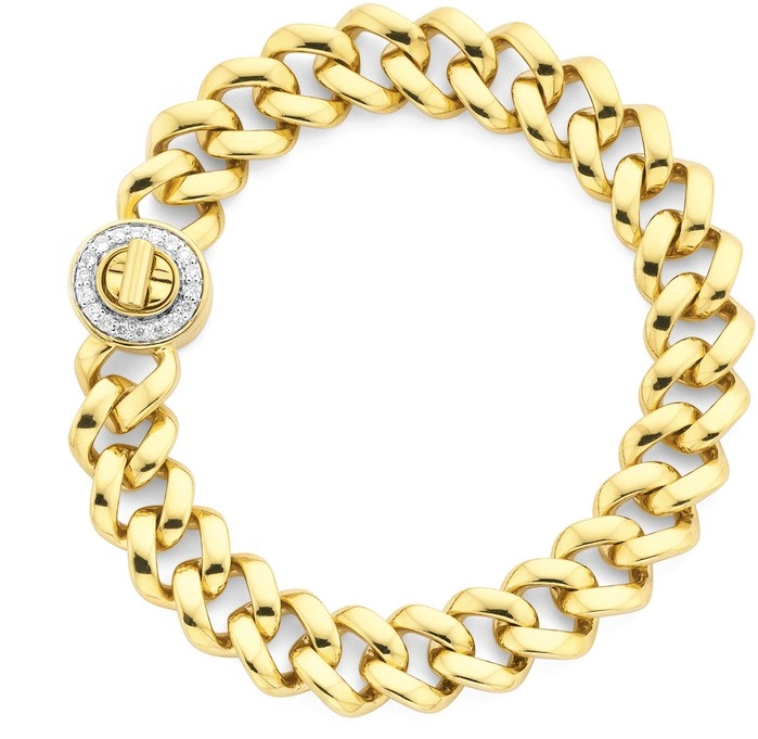 9ct Gold 19cm Solid Curb Diamond Turnlock Bracelet