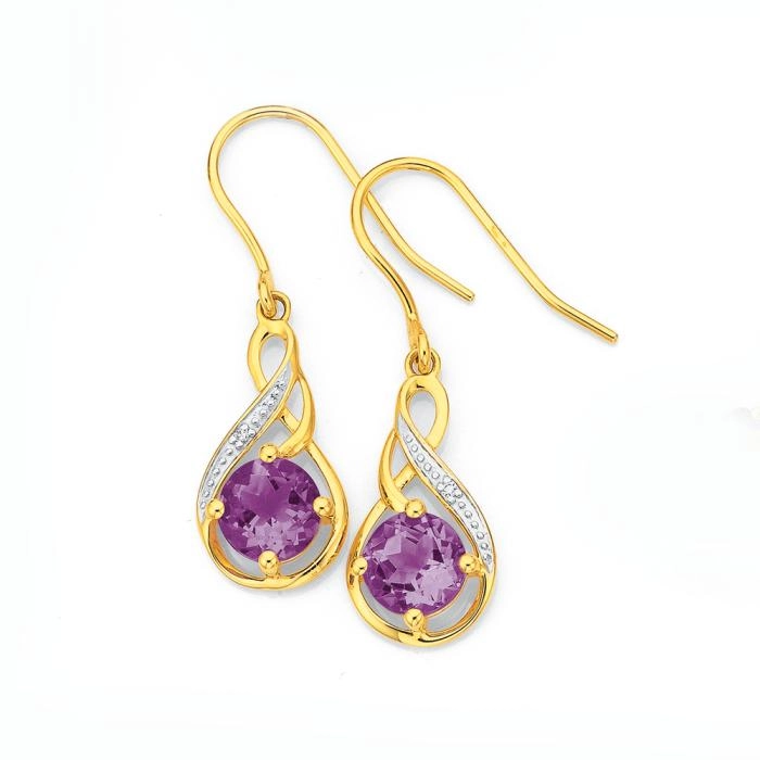 9ct Gold Amethyst & Diamond Double Swirl Hook Earrings