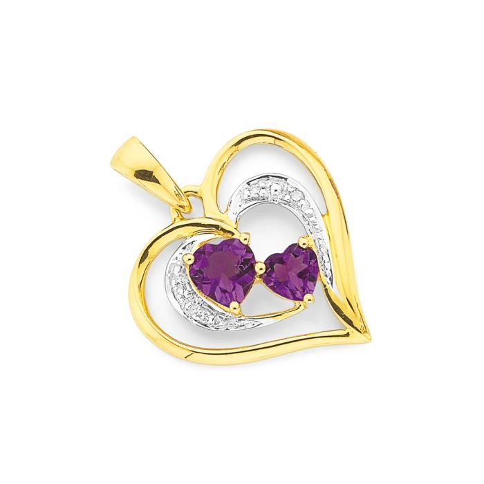 9ct Gold Amethyst & Diamond Heart Pendant