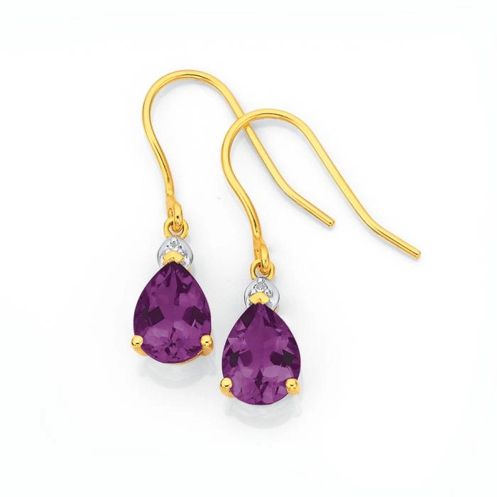 9ct Gold Amethyst & Diamond Hook Earrings