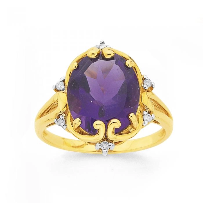 9ct Gold Amethyst & Diamond Oval Antique Ring