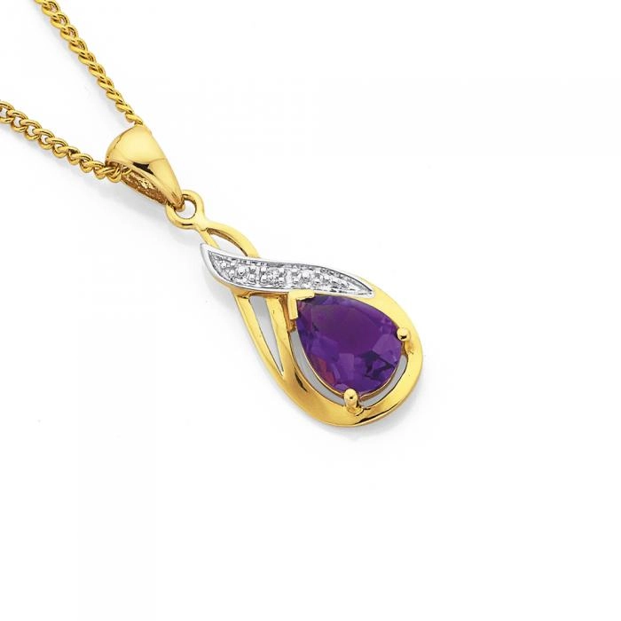 9ct Gold Amethyst & Diamond Pear Swirl Drop Pendant