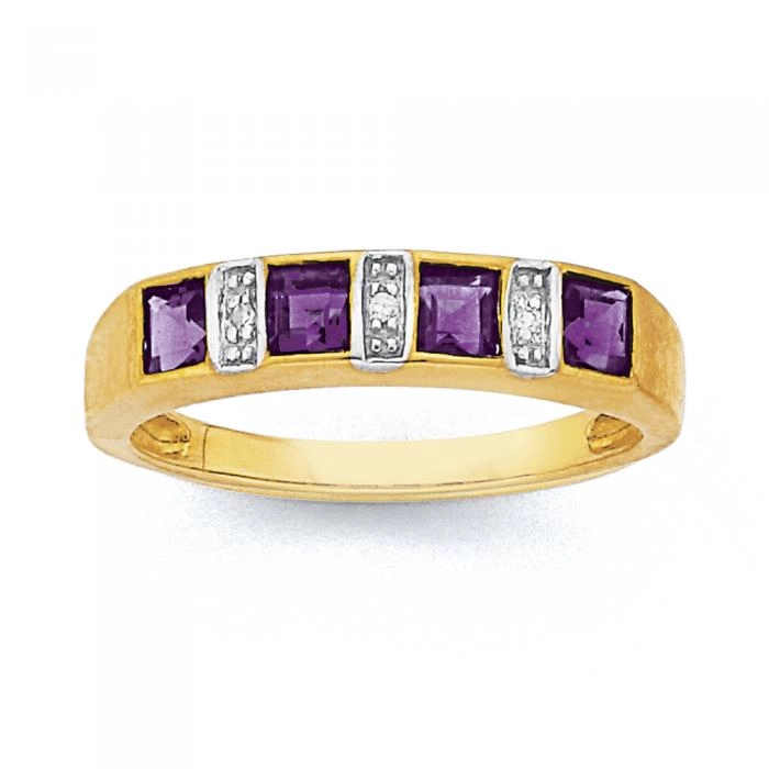 9ct Gold Amethyst & Diamond Princess Cut Band