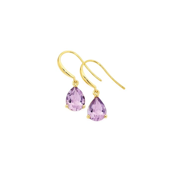 9ct Gold Amethyst Pear Cut Hook Earrings