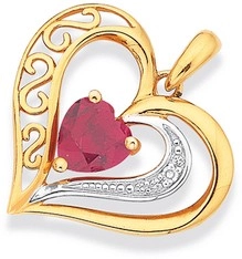 9ct Gold Created Ruby & Diamond Heart Pendant