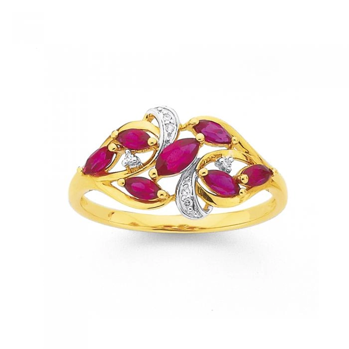 9ct Gold Created Ruby & Diamond Marquise Cut Swirl Ring