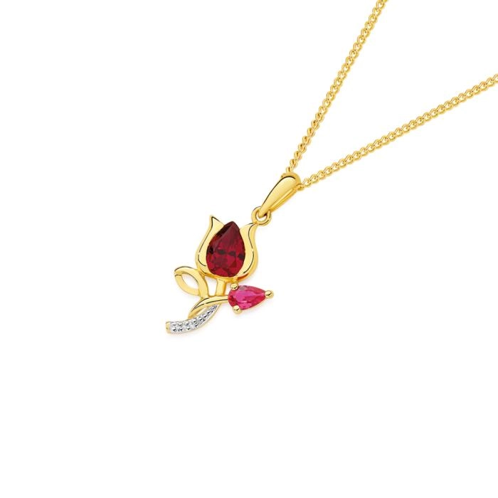 9ct Gold Created Ruby & Diamond Tulip Pendant