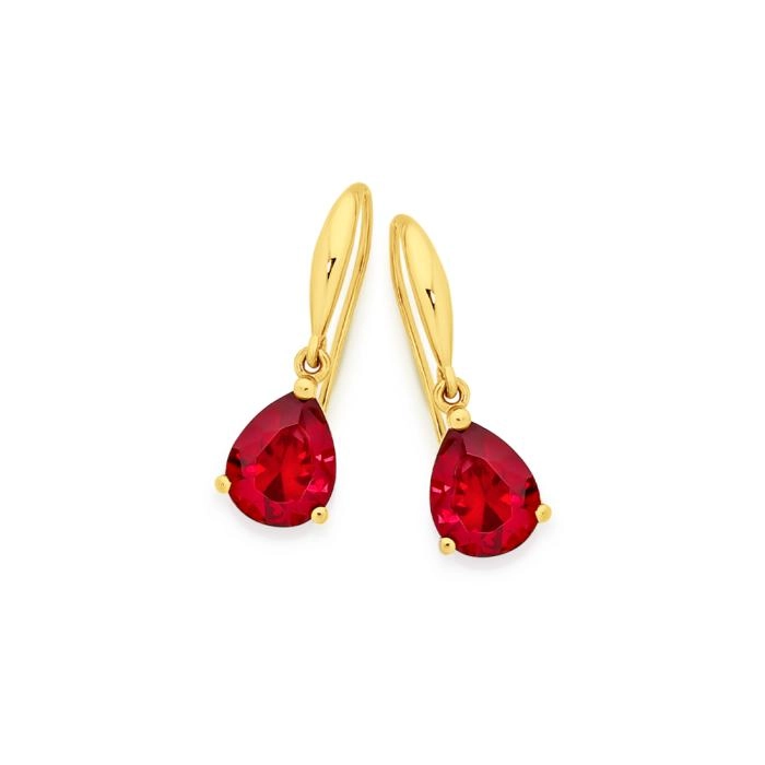 9ct Gold Created Ruby Pear Drop Earrings