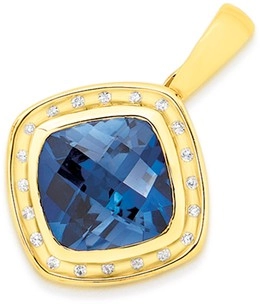 9ct Gold Created Sapphire & Diamond Cushion Cut Enhancer Pendant