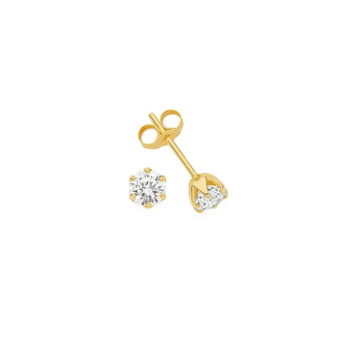 9ct Gold Cubic Zirconia 6 Claw Basic Stud Earrings