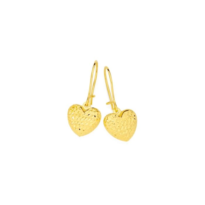 9ct Gold Diamond Cut Puff Heart Drop Euroball Hook Earrings