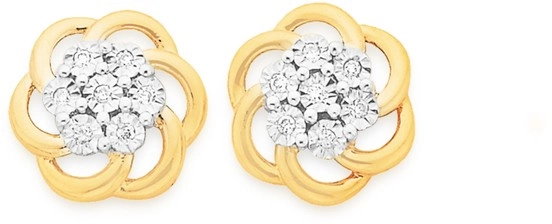 9ct Gold Diamond Swirl Flower Stud Earrings