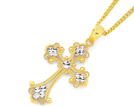 9ct Gold Two Tone 21mm Filigree Ends Cross Pendant