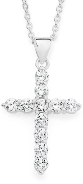 Sterling Silver 15x25mm Claw Cubic Zirconia Cross Pendant