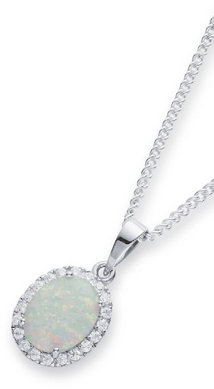 Sterling Silver Created Opal & Cubic Zirconia Oval Shaped Pendant