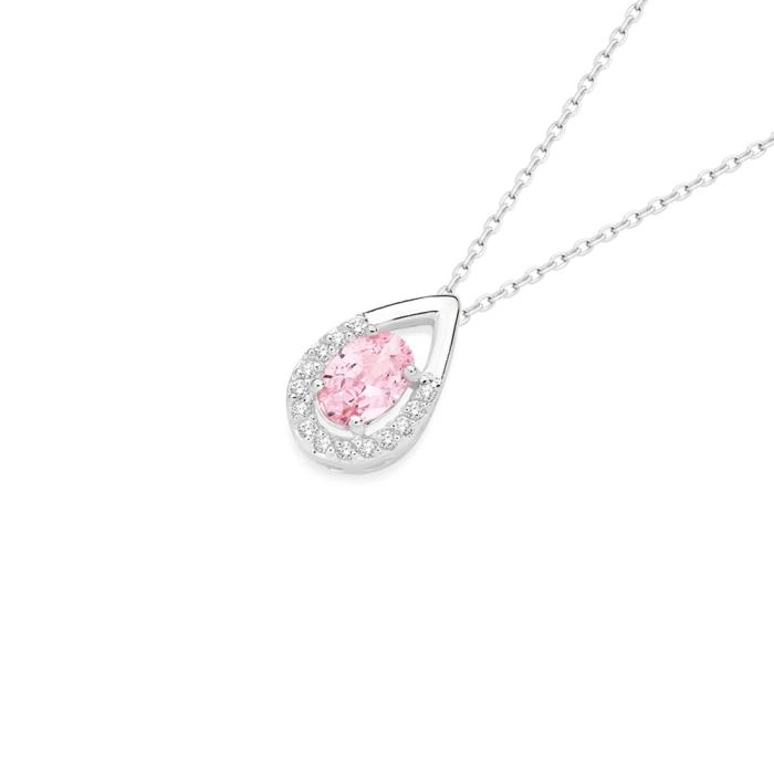 Sterling Silver Oval Pink Cubic Zirconia in Pear Cubic Zirconia Frame Pendant