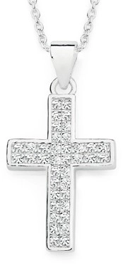 Sterling Silver Pave Cubic Zirconia & Polish Border Cross Pendant