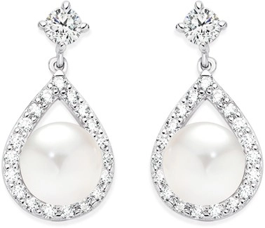 Sterling Silver Pearl and Cubic Zirconia Drop Earrings