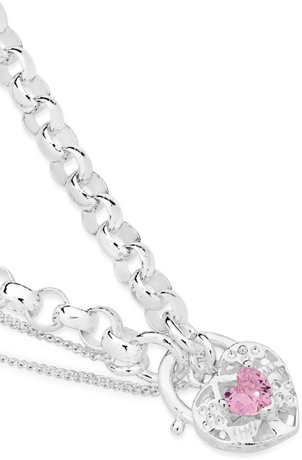 Sterling Silver Pink Cubic Zirconia Filigree Heart Padlock Bracelet