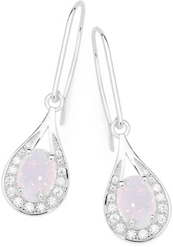 Sterling Silver Syn White Opal in Cubic Zirconia Open Pear Earrings