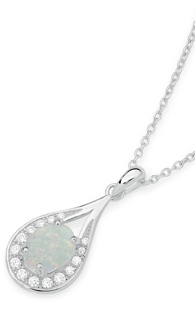 Sterling Silver Syn White Opal in Cubic Zirconia Open Pear Pendant