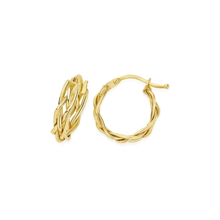 9ct Gold 12mm Small Plait Hoop Earrings