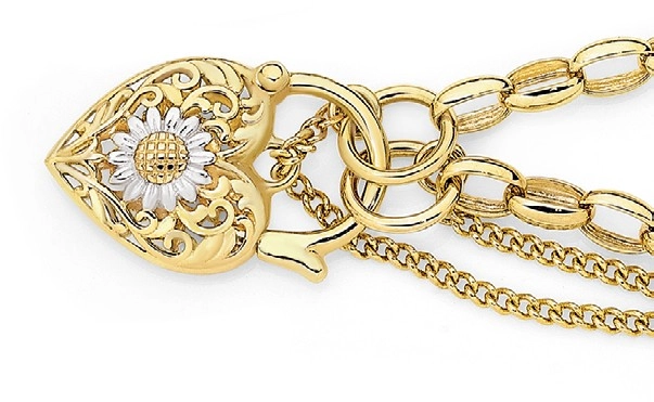 9ct Gold 19cm Solid Oval Belcher Two Tone Sunflower Padlock Bracelet