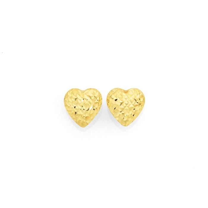 9ct Gold 8mm Diamond-Cut Domed Heart Stud Earrings