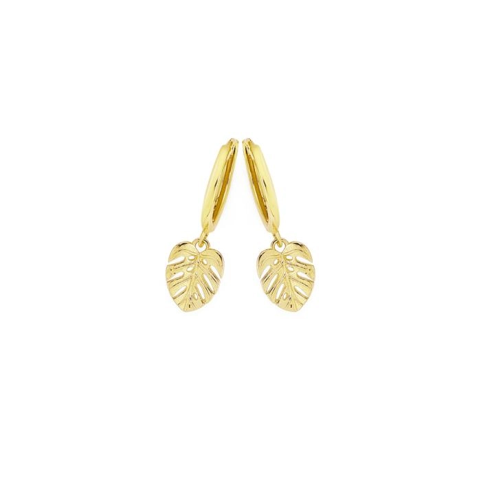 9ct Gold 9mm Leaf Drop Huggie Earrings