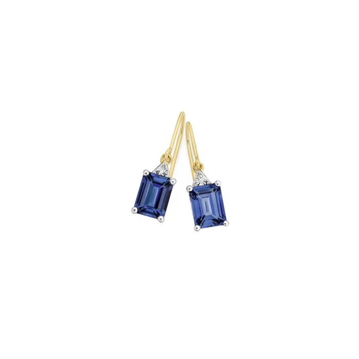 9ct Gold Created Ceylon Sapphire & Diamond Hook Earrings