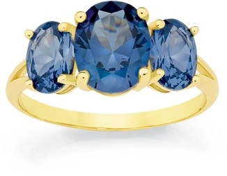 9ct Gold Created Ceylon Sapphire Trilogy Ring