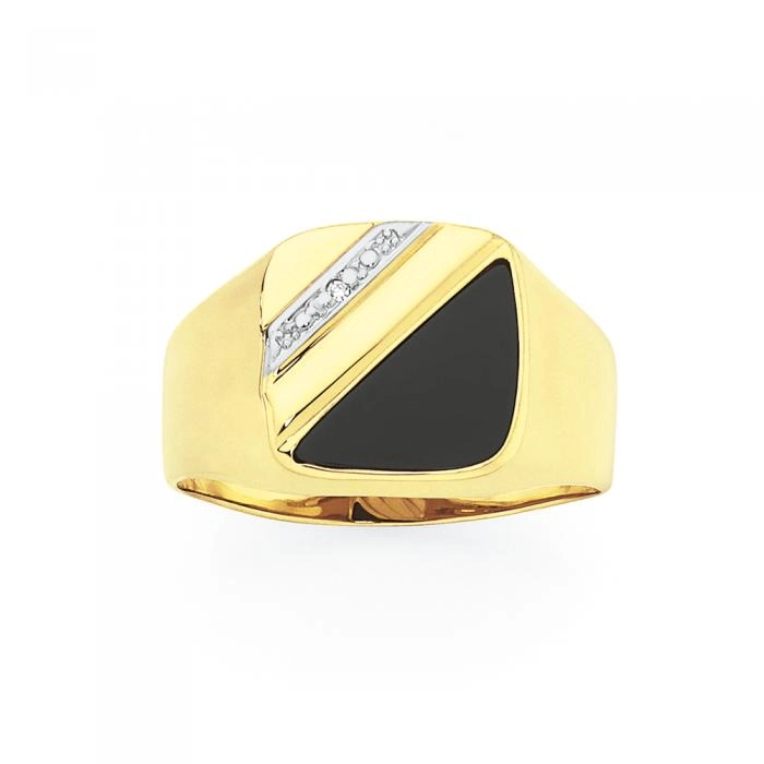 9ct Gold Diamond & Black Agate Dress Gents Ring