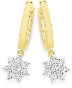 9ct Gold Diamond Flower Cluster Drop Huggie Earrings