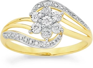 9ct Gold Diamond Flower Cluster Swirl Wrap Ring