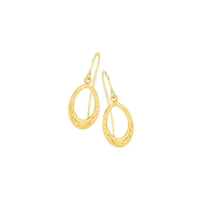 9ct Gold Open Diamond-Cut Oval Hook Drop Earrings