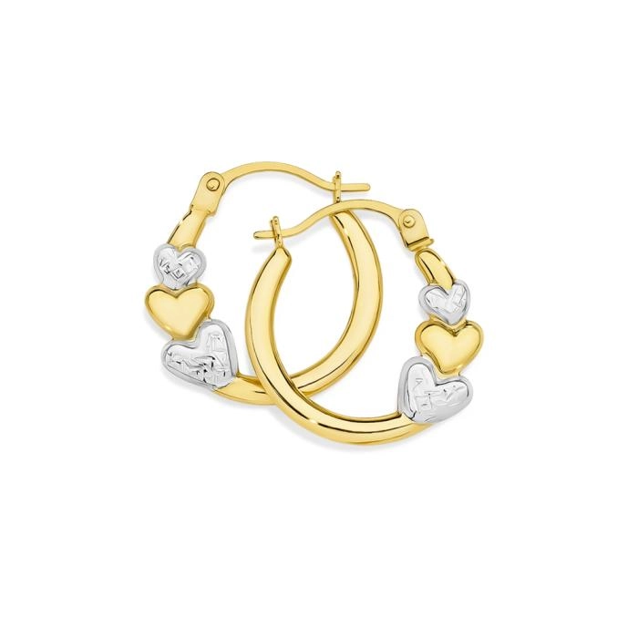 9ct Gold Two Tone 12mm Diamond-Cut Triple Heart Hoop Earrings