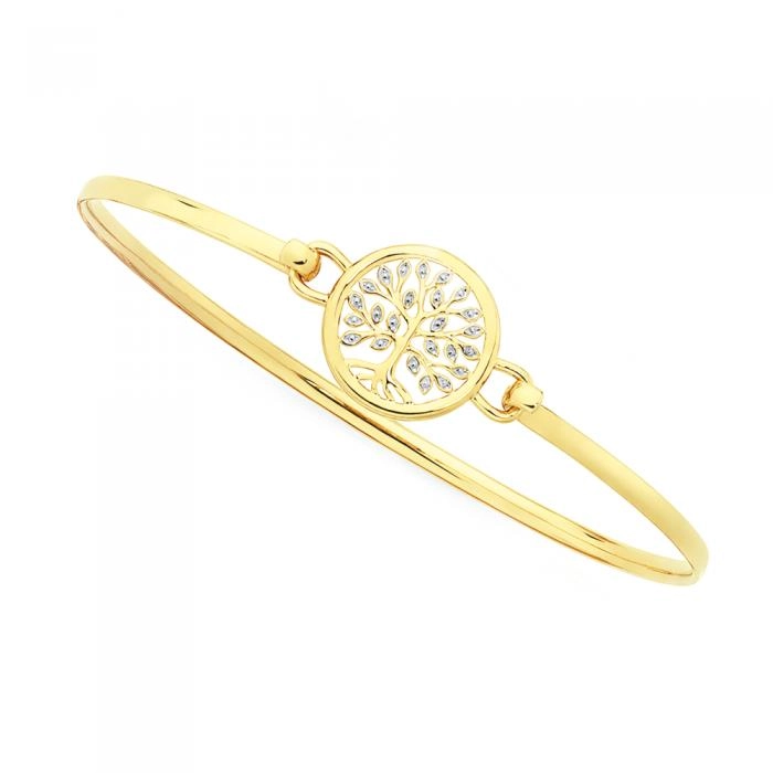 9ct Gold Two Tone 60mm Hollow Tree of Life Oval Bangle