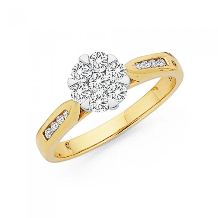 9ct Gold Two Tone Diamond Cluster Ring with Shoulder Stones