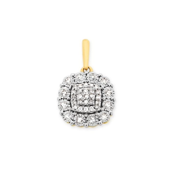 9ct Two Tone Gold Diamond Cushion Cluster Pendant