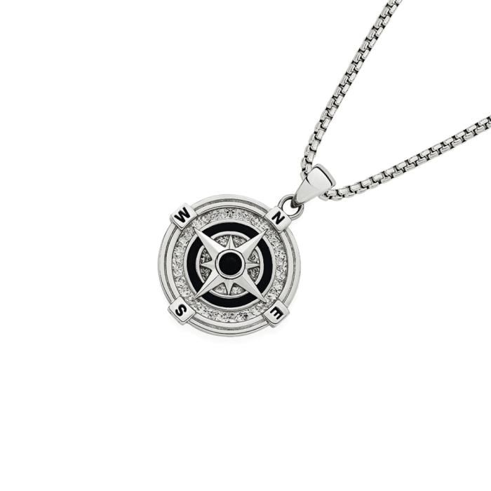 Stainless Steel Black Agate Oxidised Round Compass Gents Pendant