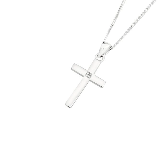 Sterling Silver 20mm Single Cubic Zirconia Fine Cross Pendant