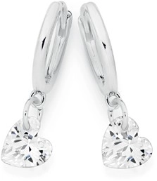 Sterling Silver 6mm Heart Cubic Zirconia Drop on Huggie Earrings