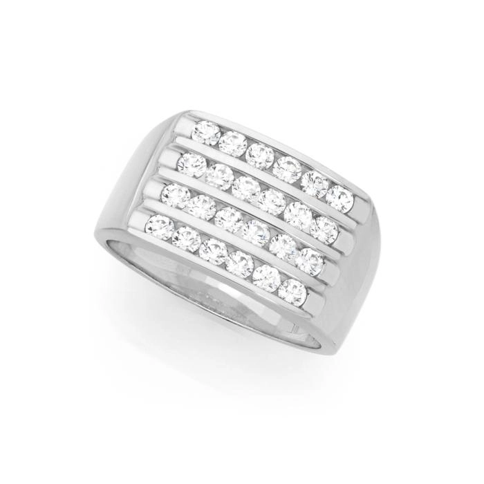 Sterling Silver Cubic Zirconia Channel Set 4 Row Gents Ring