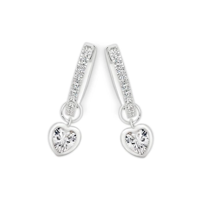 Sterling Silver Cubic Zirconia Heart Bezel On Cubic Zirconia Claw Hoop Earrings